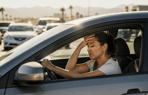 Driver sitting in a heat-soaked car during an Arizona summer commute while dealing with vehicle problems and extreme heat.